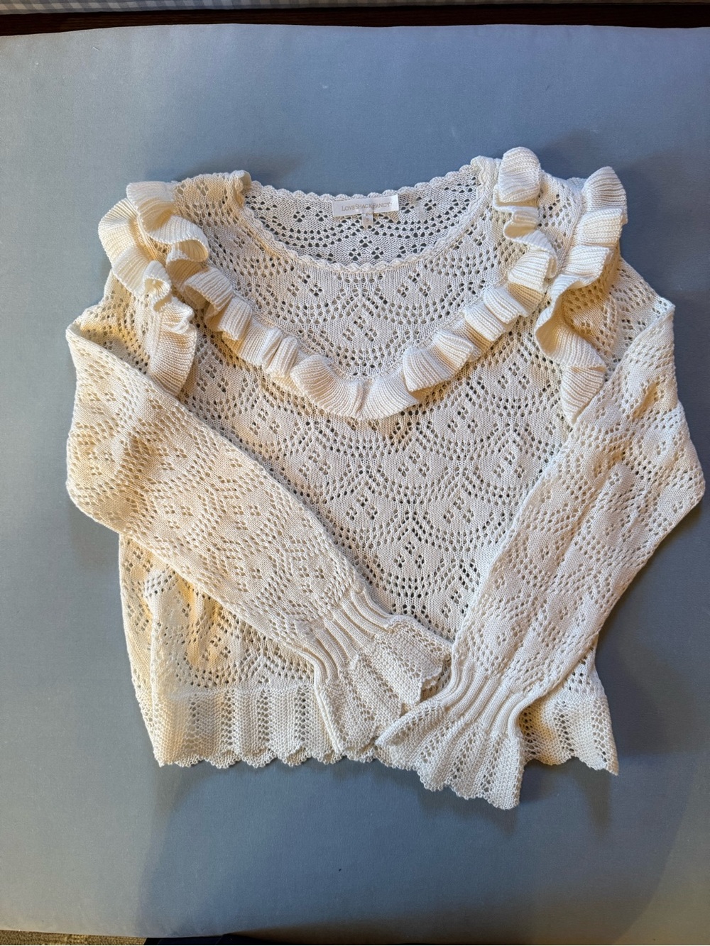 LoveshackFancy Cream Ruffle Trim Openwork Knit Sweater - Women